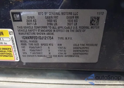 2013 Chevrolet Traverse Ls из США, поврежденный, VIN 1GNKRFED1DJ121754